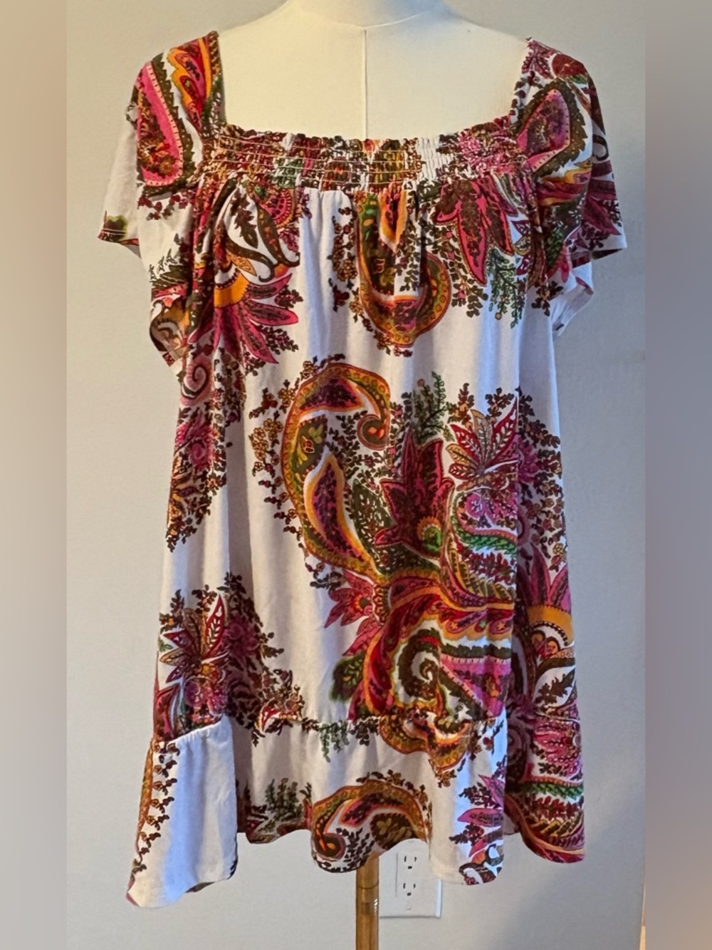 Lane Bryant flutter sleeve paisley plus size smocked ruffle hem peasant top